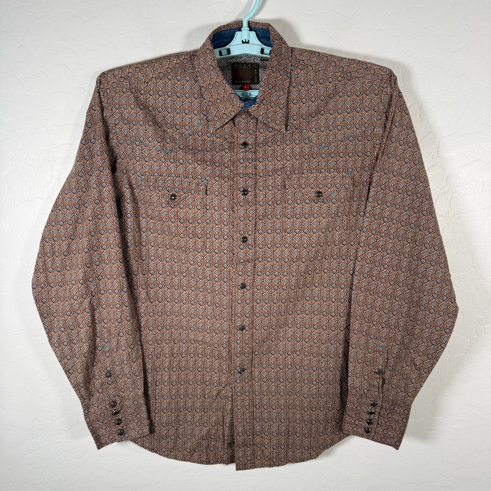 Roper Shirt Mens L Brown Geometric Pearl Snap Long Sleeve Cowboy Western